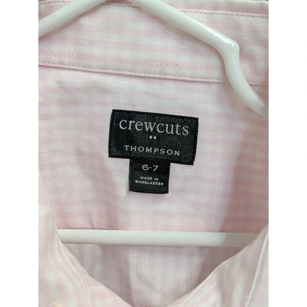 Crewcuts Boys Thompson Gingham Button Down Shirt Pink White Size 6-7 Long Sleeve
